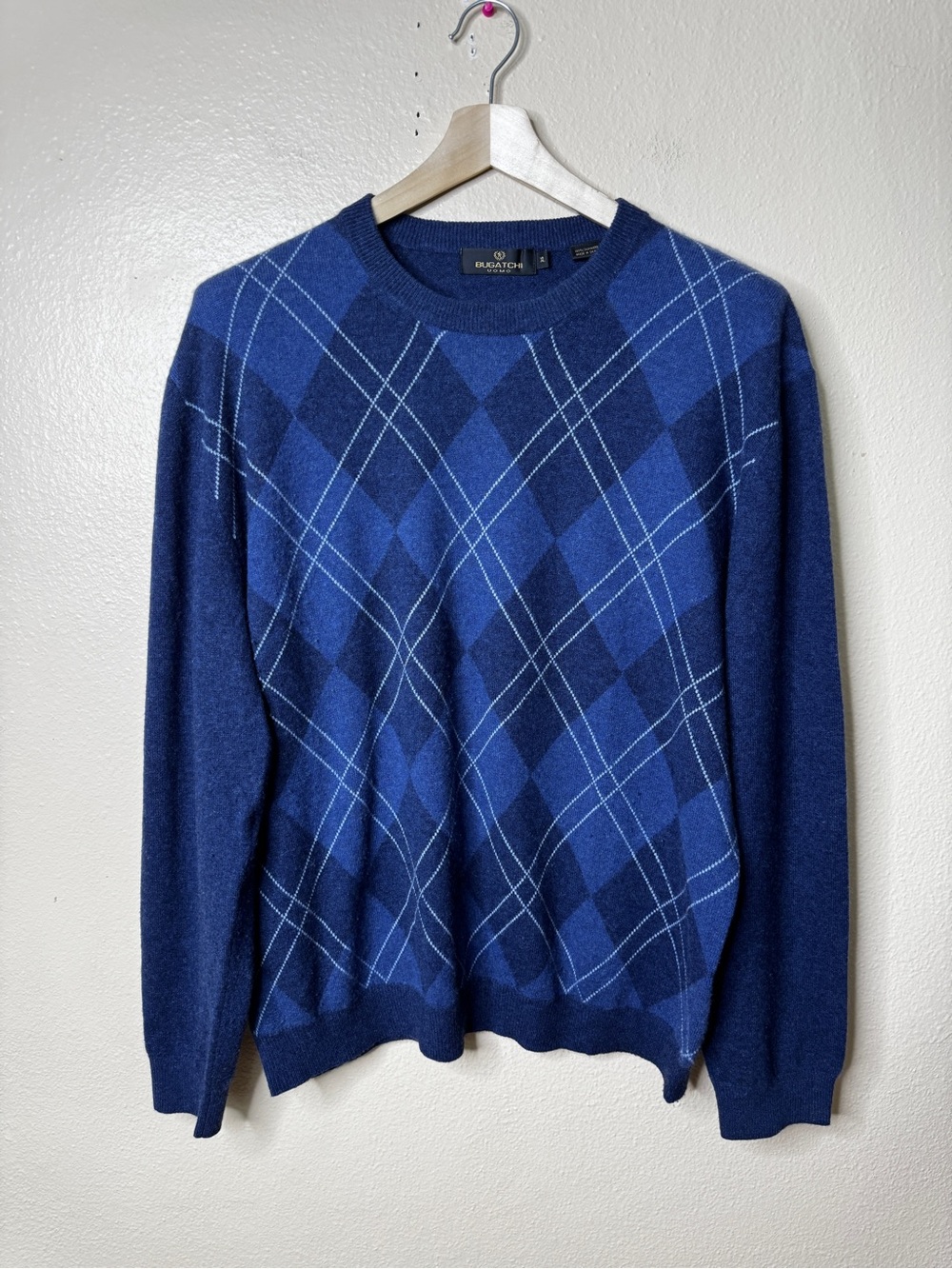 Bugatchi Uomo Cashmere Sweater Men’s XL Blue Argyle Crew Neck Pullover Luxury